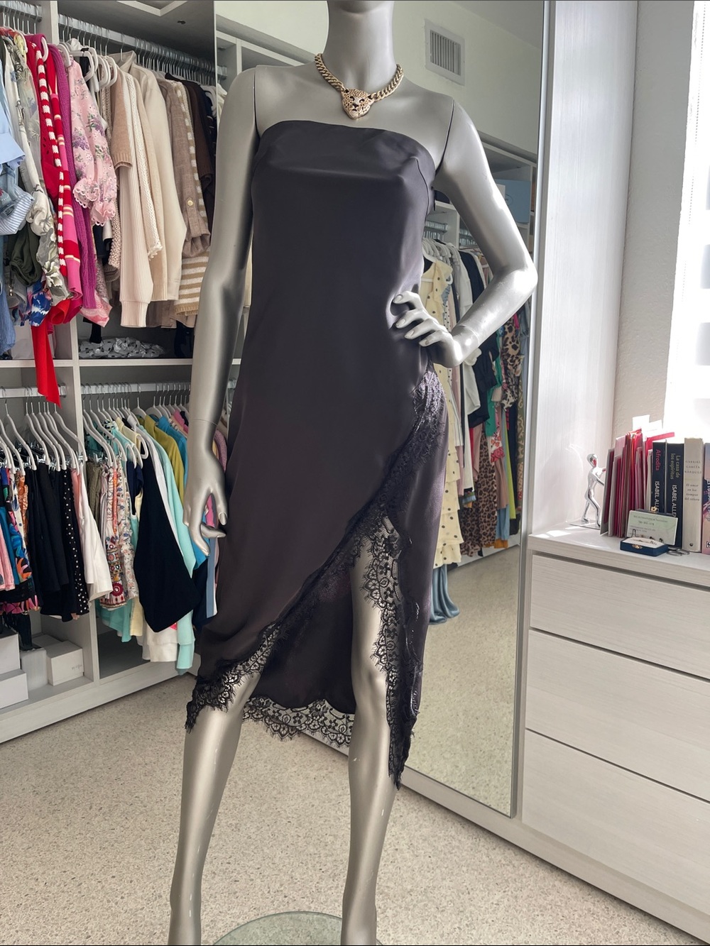 Black Strapless Lace-Trim Dress